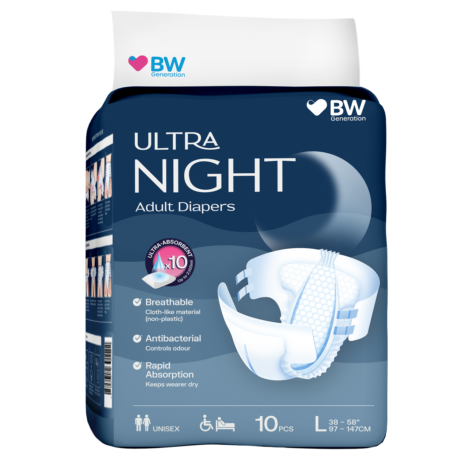 Ultra Night hero-new BW Ultra Night Tape Adult Diapers (Day & Night use) - M & L
